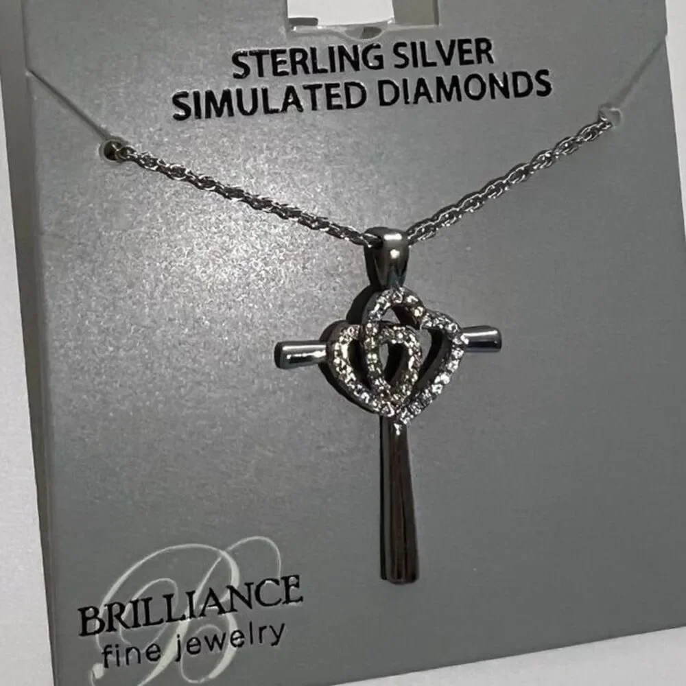 Cross Necklace 925 sterling silver simulated diamonds with two heart details New